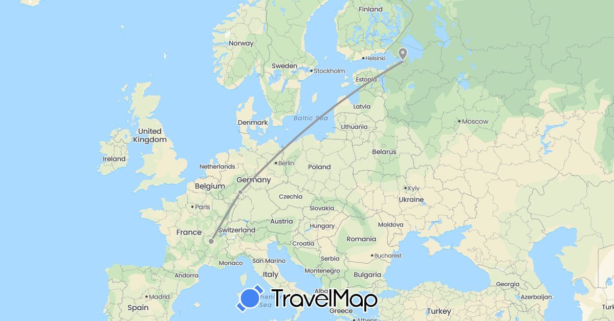 TravelMap itinerary: driving, plane in Germany, France, Russia (Europe)